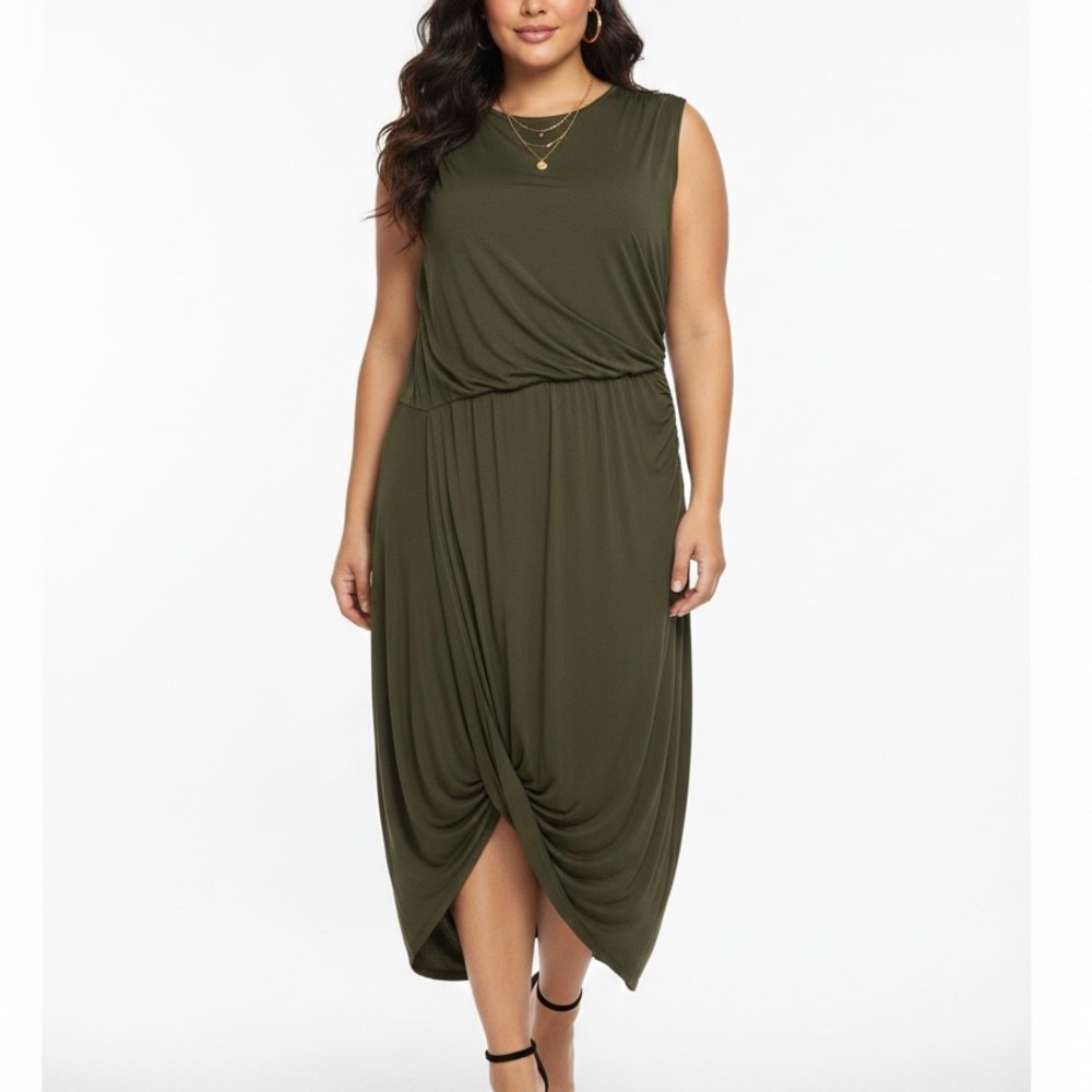 ELOQUII Olive Green Ruched Draped Stretch Jersey Midi Maxi Sleeveless Dress 22